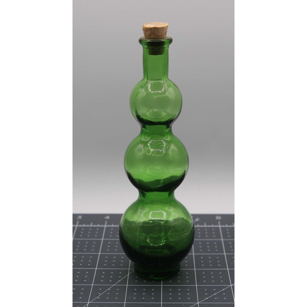Vintage Green Glass Triple Bulb Stacked Decorative Bottle with Cork Stopper 8.5"